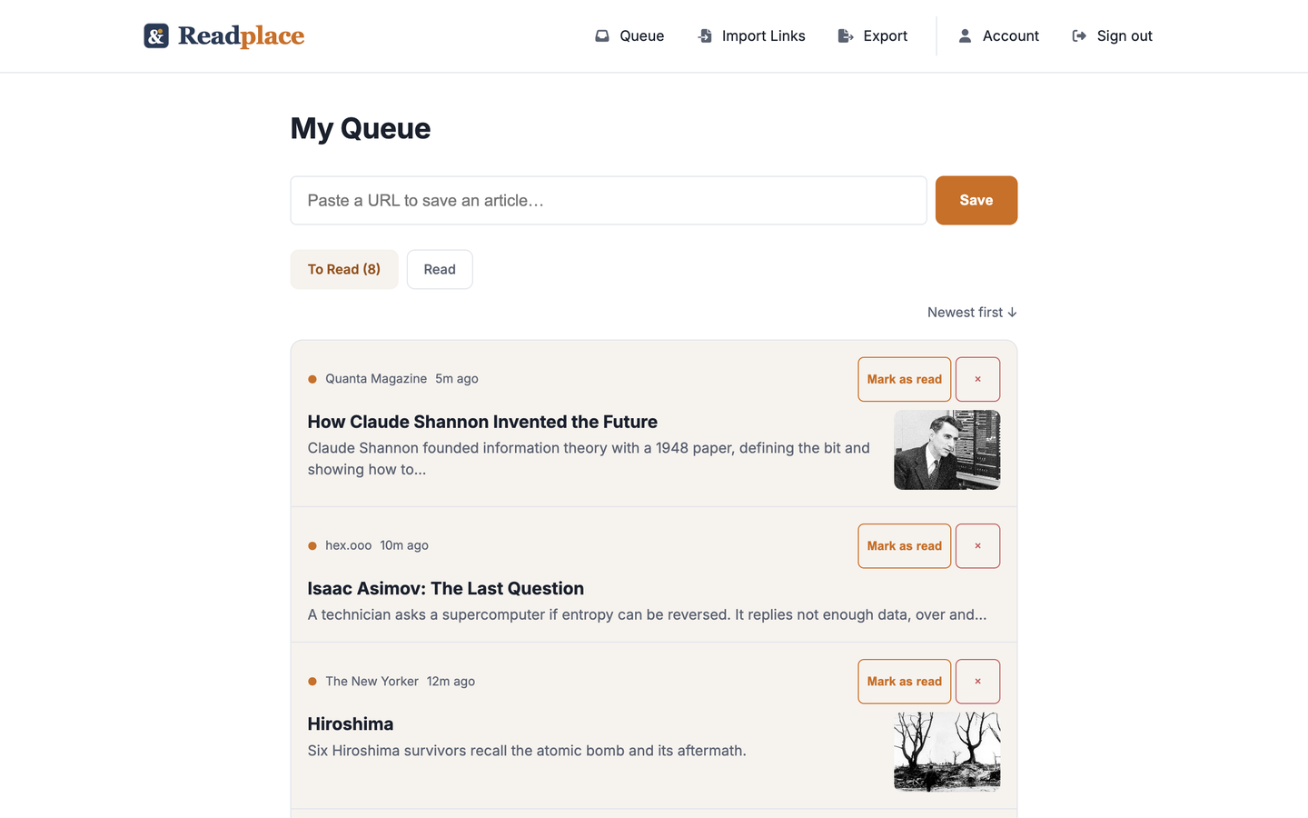 The Readplace queue listing saved articles with thumbnails and short previews