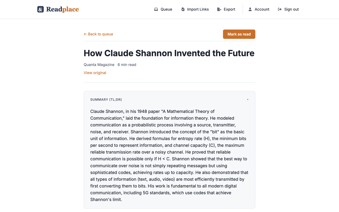The Readplace reader showing an article with its AI summary expanded