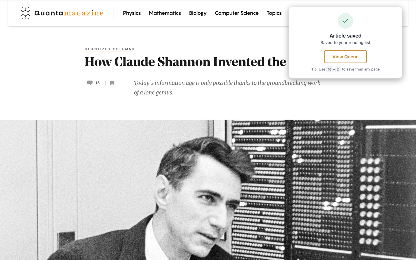 The Readplace extension popup confirming an article was saved, over a Quanta Magazine article